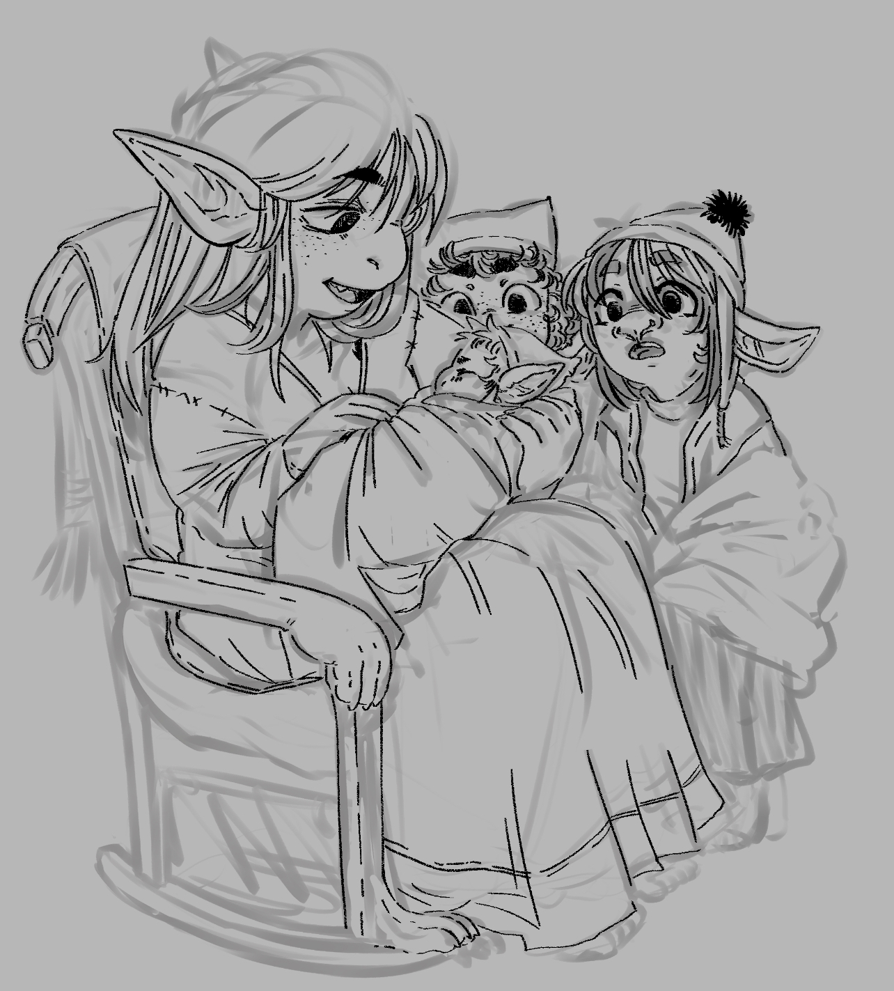 A goblin family welcoming the newest member